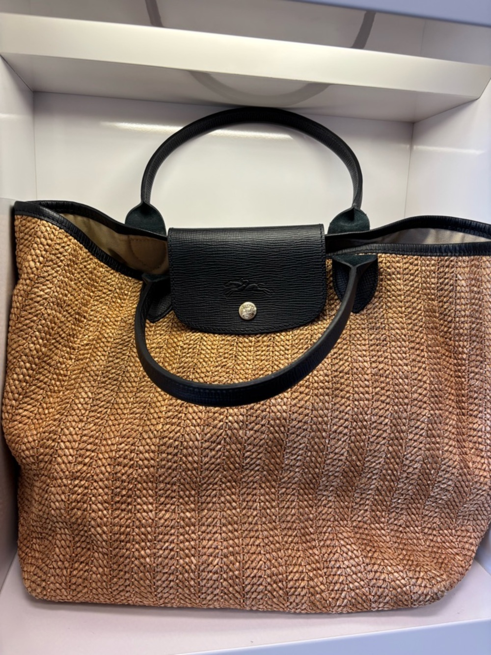 Longchamp Natural Straw Tote w/ Black leather Trim